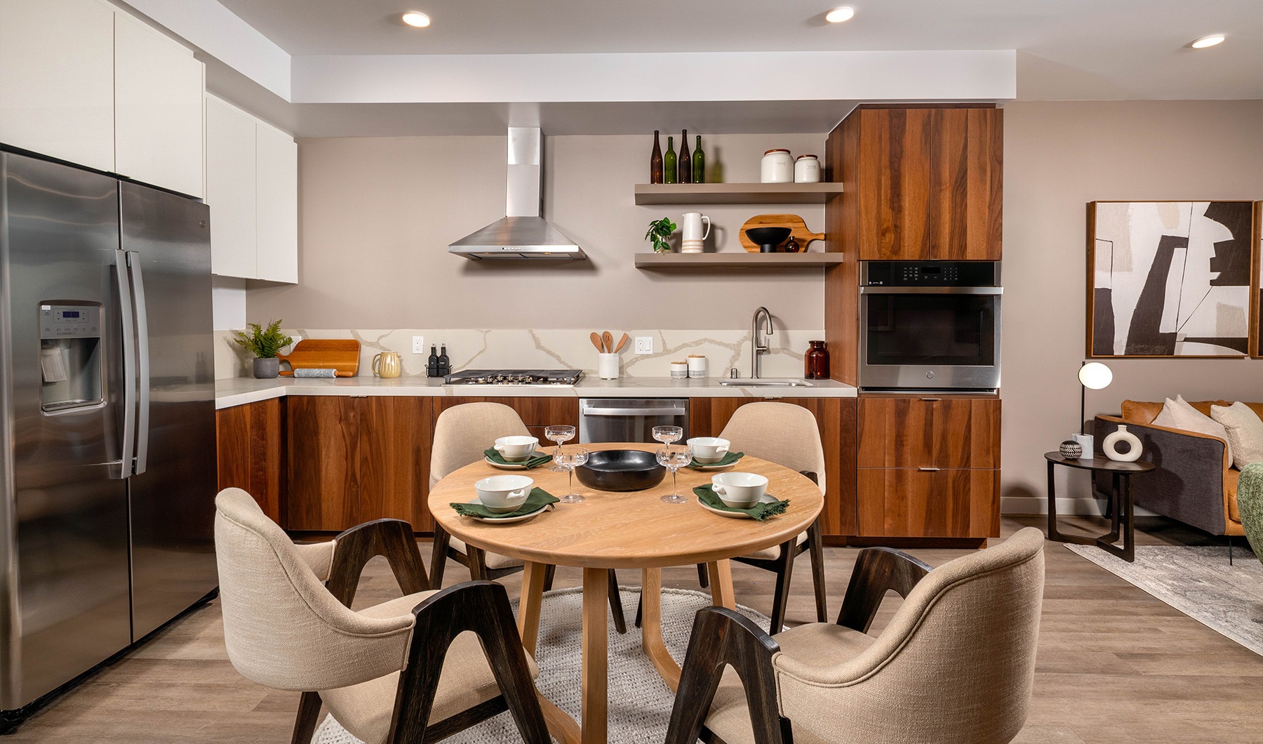 a kitchen with a dining table