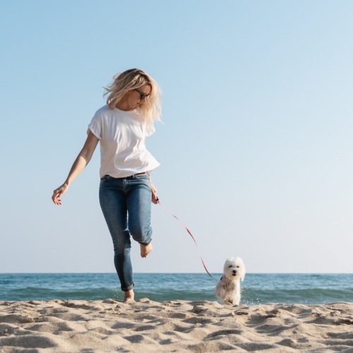 The essence of exceptional living a woman walks her dog on the beach